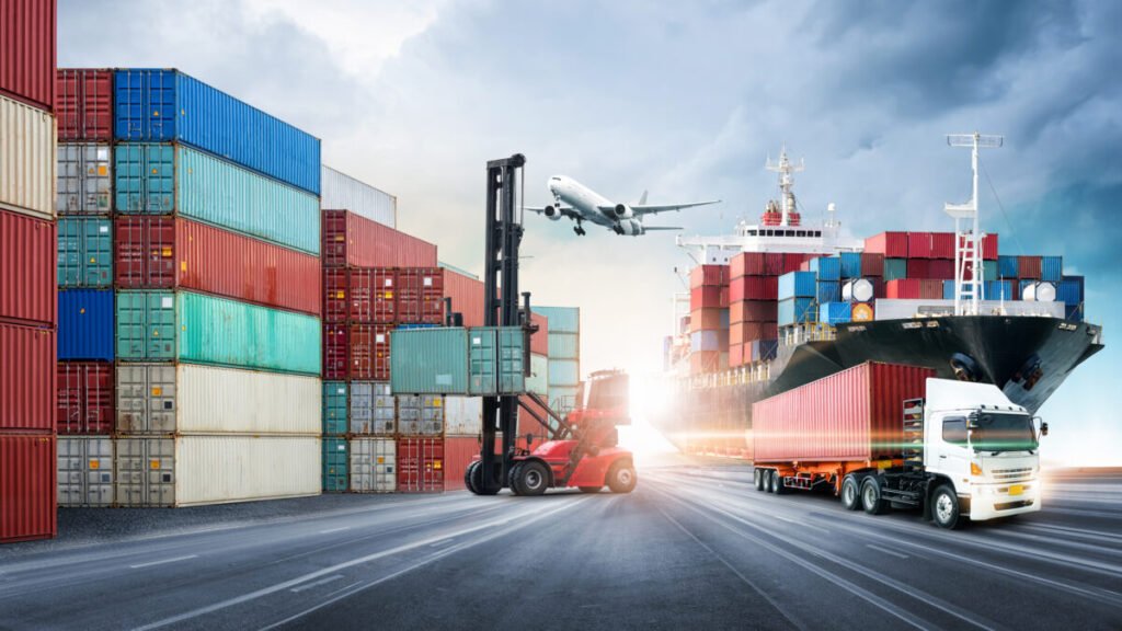 Business logistics and transportation concept of containers cargo freight ship and cargo plane in shipyard at dramatic blue sky, logistic import export and transport industry background
